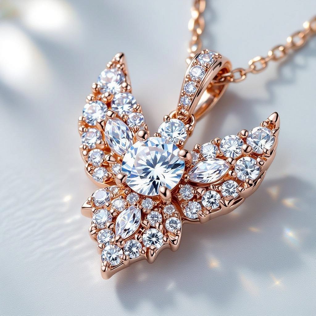 Big star huge Design a contemporary pendant featuring a single, large diamond shaped like a wing, symbolizing freedom and elegance. The diamond is elegantly set in a sleek, minimalist rose gold frame that accentuates its brilliance. The modern aesthetic is enhanced with clean lines and asymmetry, making it a striking statement piece for the avant-garde wearer.