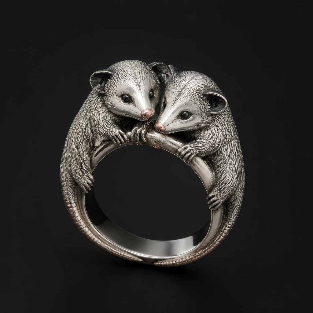 2 possum 1 ring
photorealistic jewelry design, 2 possum 1 ring , just the design no text