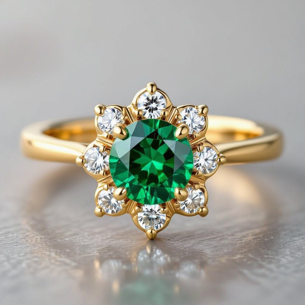 Anillo en oro con esmeralda trapiche redonda y 6 diamantes al rededor que tibuje un hexágono en el metal