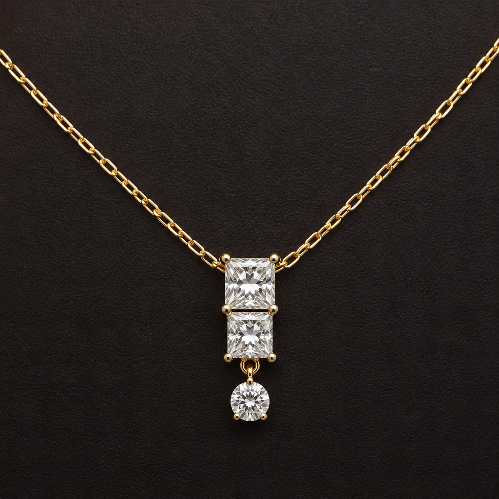Two princes cut 50 dots with additional stone on a chain
photorealistic jewelry design, Two princes cut 50 dots with additional stone on a chain , modern style, just the design no text