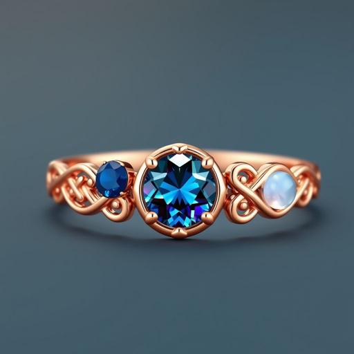 A simple rose gold engagement ring set with a circular alexandrite. Also set with a small half moon blue chalcedony on one side right next to it, and a small half moon moonstone set on the other side right next to it. On the inside of the band, it has an inscription reading, “Tuum. Et in hac vita et in altera.”