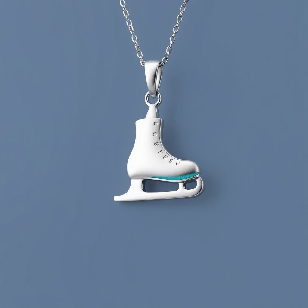 Silver Pendant shape one ice skate with turquoise stripe inside the low thin part blade 
