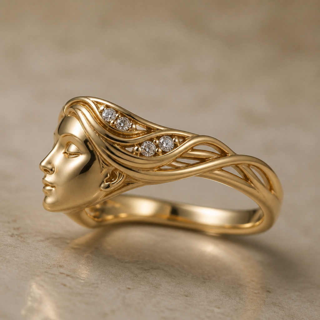A minimalist women's ring made of gold with diamond stones suitable for gift. A delicate ring featuring a woman’s face, with her flowing hair forming the band.
photorealistic jewelry design, A minimalist women's ring made of gold with diamond stones suitable for gift. A delicate ring featuring a woman’s face, with her flowing hair forming the band., minimalist style, just the design no text