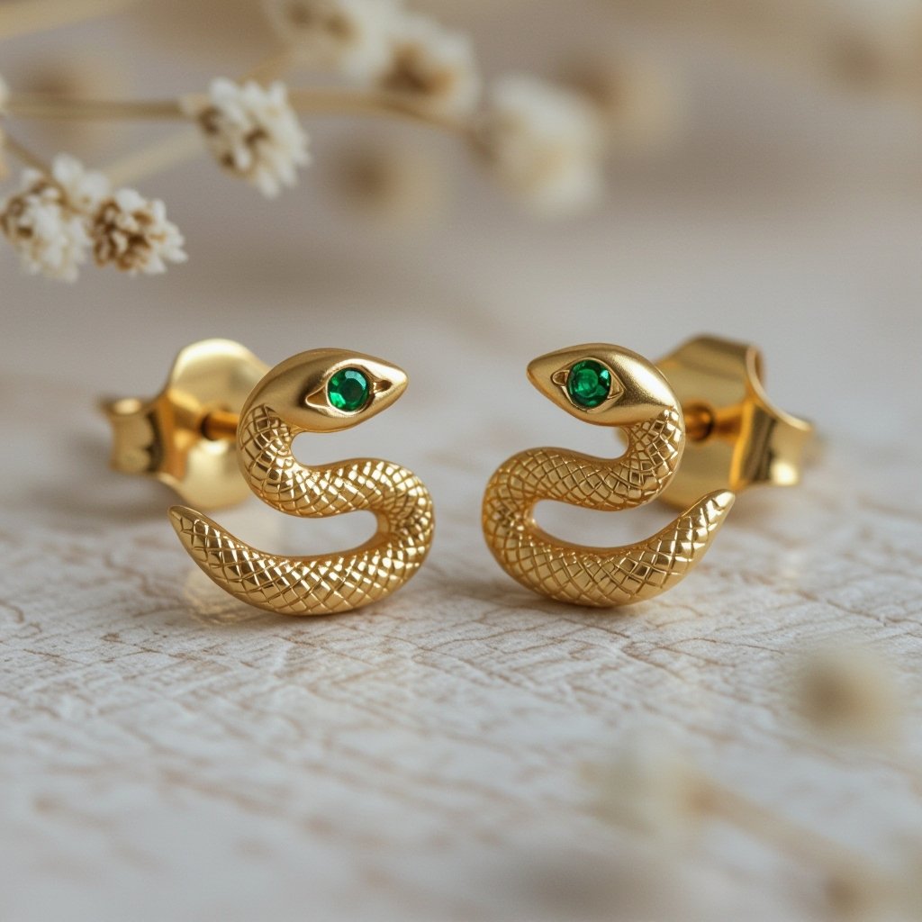 Небольшие золотые матовые серьги в виде символической змеи
