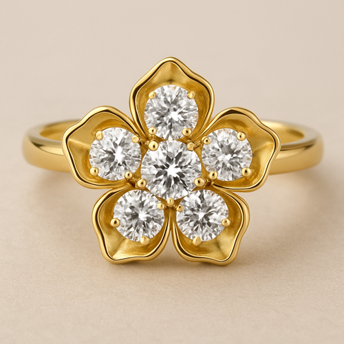 a 5 stone diamond ring in 18k yellow gold. In shape of a flower name hibiscus