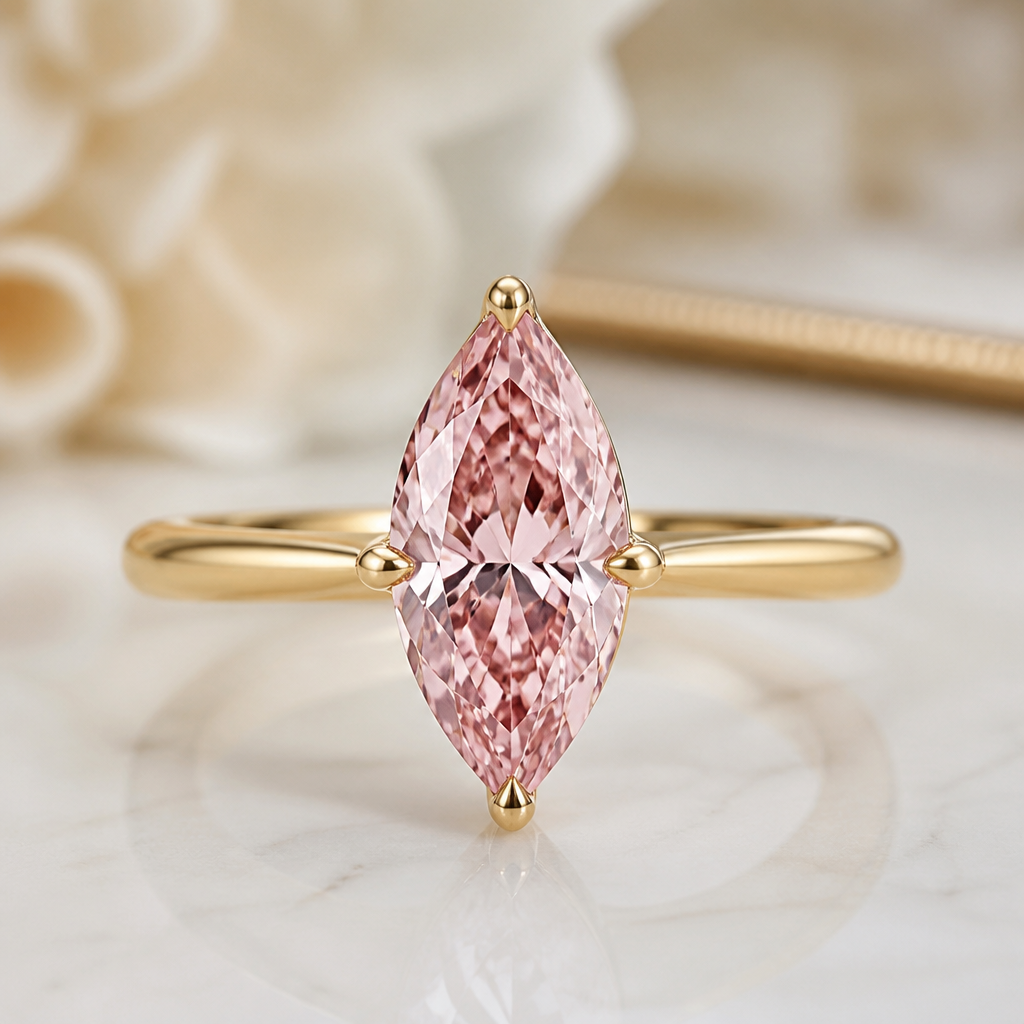 A romantic women's ring made of gold with diamond stones suitable for engagement. "2-carat marquise-cut pink lab-grown diamond engagement ring, simple four-prong yellow gold setting, plain polished yellow gold band, delicate open basket underneath the center stone, minimalist and elegant, no pavé diamonds, no halo, no cathedral setting, no bezel setting, timeless luxury, realistic jewelry photography."
photorealistic jewelry design, A romantic women's ring made of gold with diamond stones suitable for engagement. "2-carat marquise-cut pink lab-grown diamond engagement ring, simple four-prong yellow gold setting, plain polished yellow gold band, delicate open basket underneath the center stone, minimalist and elegant, no pavé diamonds, no halo, no cathedral setting, no bezel setting, timeless luxury, realistic jewelry photography.", romantic style, just the design no text