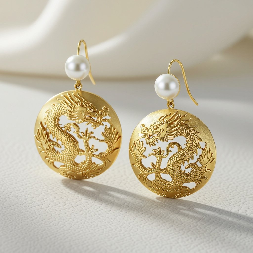 Золотые матовые серьги с изображением дракона узоры и жемчуг 