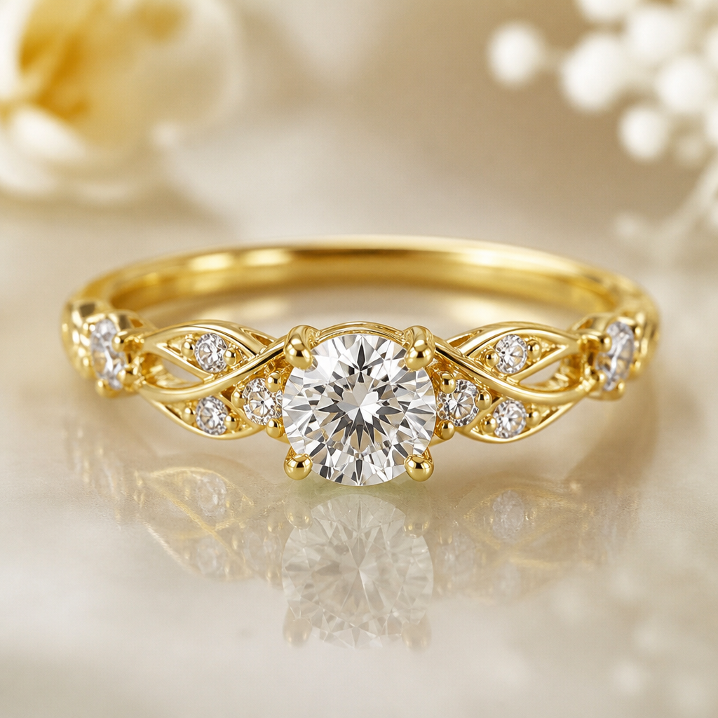 A romantic women's ring made of gold with diamond stones suitable for engagement. Delicado anillo en oro amarillo estilo romántico para compromiso
photorealistic jewelry design, A romantic women's ring made of gold with diamond stones suitable for engagement. Delicado anillo en oro amarillo estilo romántico para compromiso, romantic style, just the design no text
