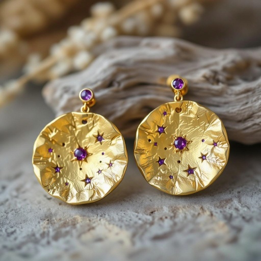 Серьги матовое золото мятое. Символ схематично созвездие. Маленькие фиолетовые камушки