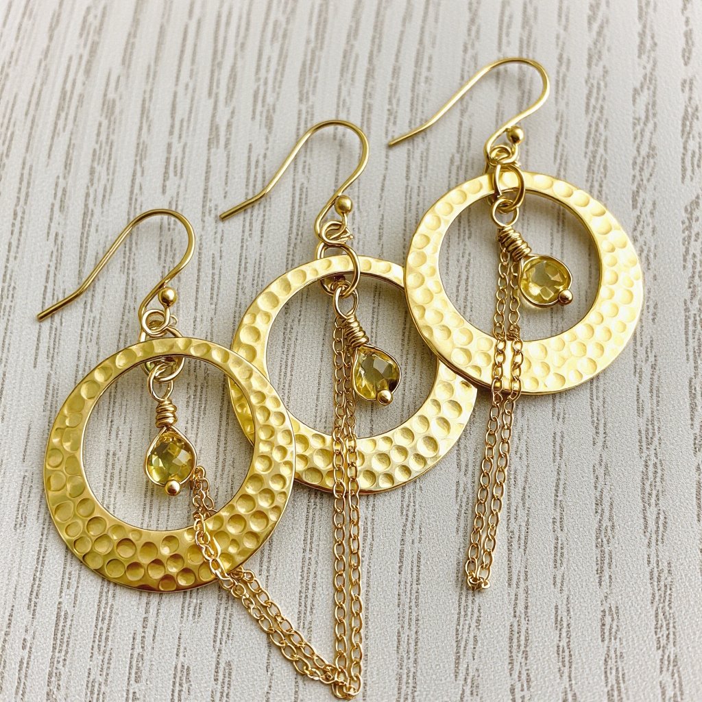 Золотые серьги словно мятое золото в форме узкого изящного полумесяца. Верхушка полумесяца крепится к застежке серьги.  От полумесяца идет три цепочки, у каждой на конце мелкий камушек цитрин