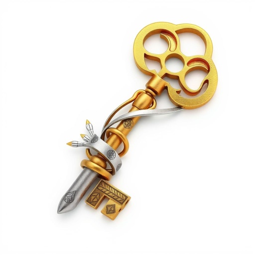 Old skeleton key shape gold and silver tones with olive branch turning on leg and keffieh print on the tip