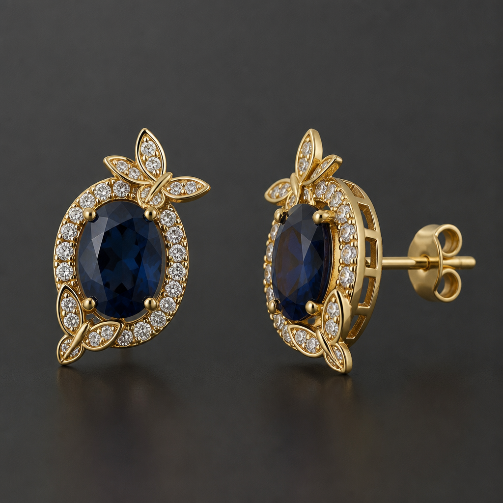 A women's earrings with sapphire stones. 9k earrings halo 8x6mm Oval Sapphire center
44 total quantity diamonds 1.5mm each
With butterflies
photorealistic jewelry design, A women's earrings with sapphire stones. 9k earrings halo 8x6mm Oval Sapphire center
44 total quantity diamonds 1.5mm each
With butterflies, modern style, just the design no text