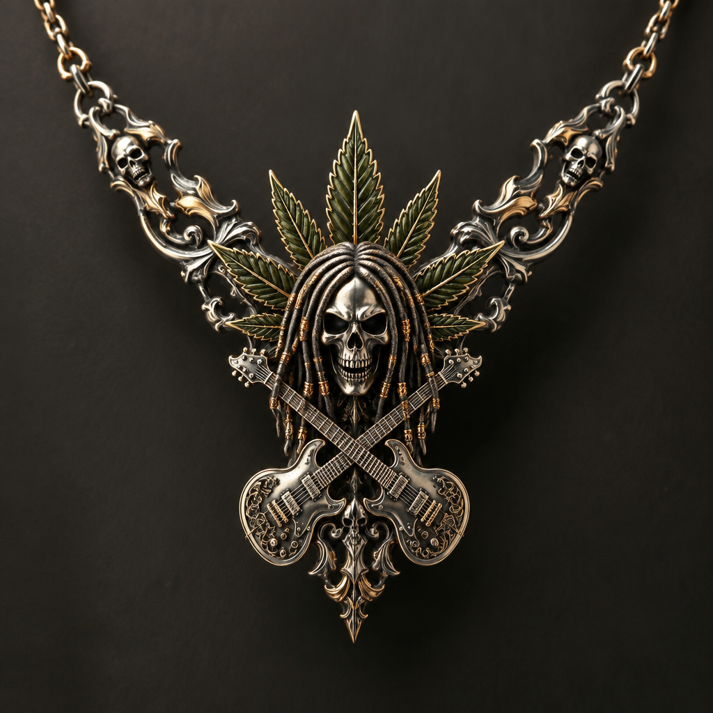 A gothic women's necklace made of mixed metal suitable for wedding. a skeleton with dreadlocks and a potleaf behind and 2 guitars ceossing
photorealistic jewelry design, A gothic women's necklace made of mixed metal suitable for wedding. a skeleton with dreadlocks and a potleaf behind and 2 guitars ceossing, gothic style, just the design no text