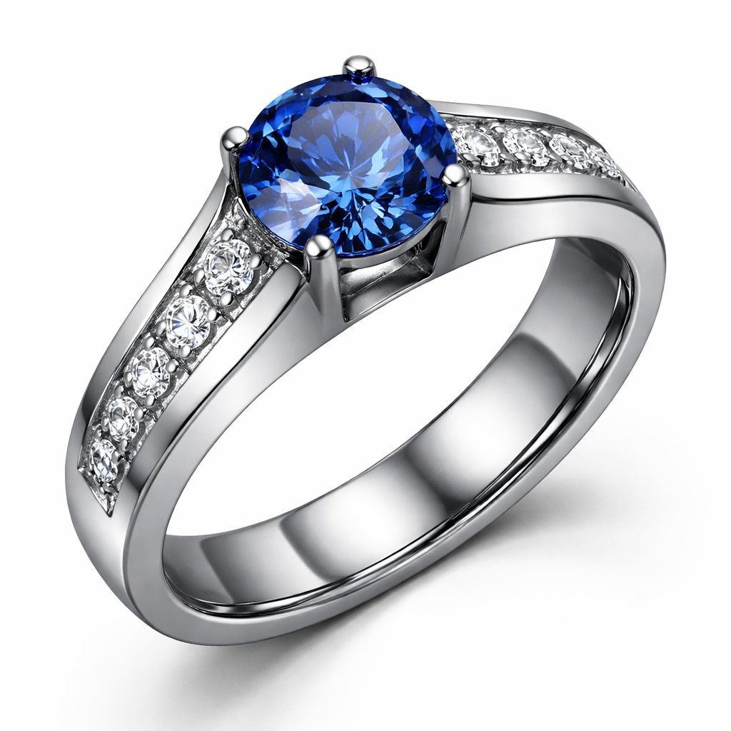 I want a stainless steel ring with a sapphire and diamonds on the side
I want a stainless steel ring with a sapphire and diamonds on the side, modern style