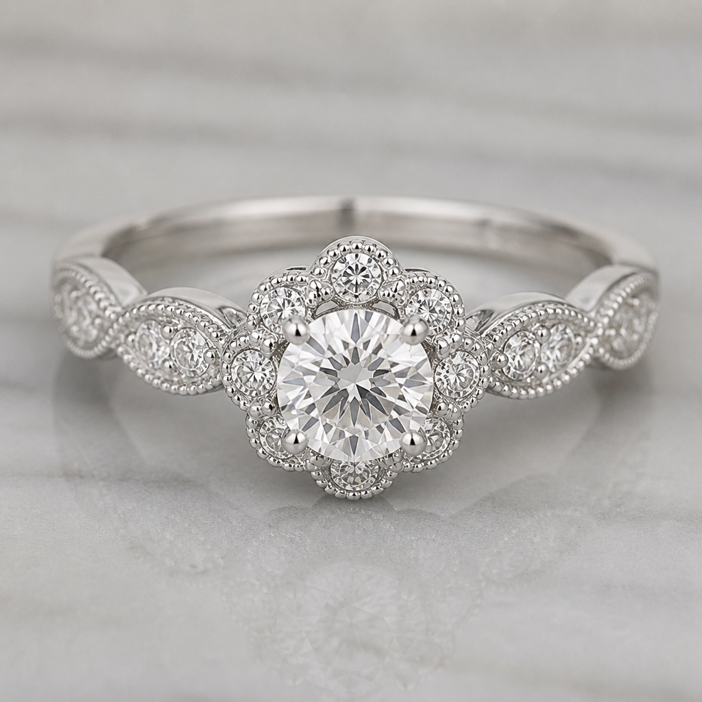 A classic women's ring with diamond stones suitable for wedding, detailed and decorative, moderately ornate
photorealistic jewelry design, A classic women's ring with diamond stones suitable for wedding, detailed and decorative, moderately ornate, classic style, just the design no text