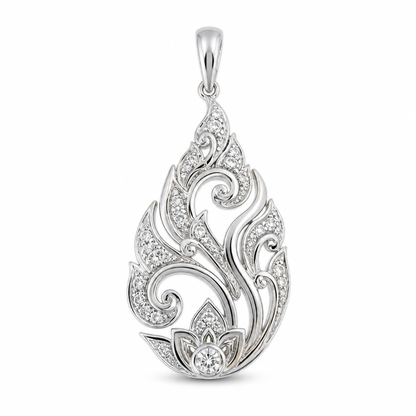 A minimalist women's pendant made of white gold with diamond stones suitable for daily wear. เอาลายไทยมาเป็นส่วนประกอบ, cost 300$
using the attached image as a visual reference, create A minimalist women's pendant made of white gold with diamond stones suitable for daily wear. เอาลายไทยมาเป็นส่วนประกอบ, cost 300$. photorealistic, just the design no text