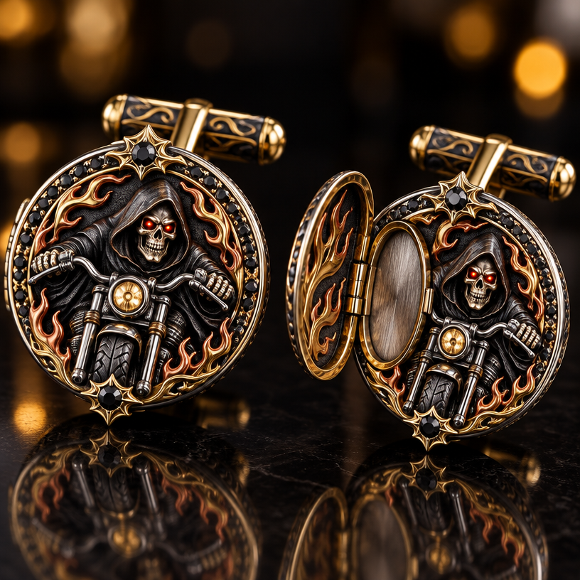 A locket women's cufflinks made of mixed metal suitable for party, detailed and decorative, moderately ornate. reaper on a motorcycle
using the attached image as a visual reference, create A locket women's cufflinks made of mixed metal suitable for party, detailed and decorative, moderately ornate. reaper on a motorcycle. photorealistic, just the design no text