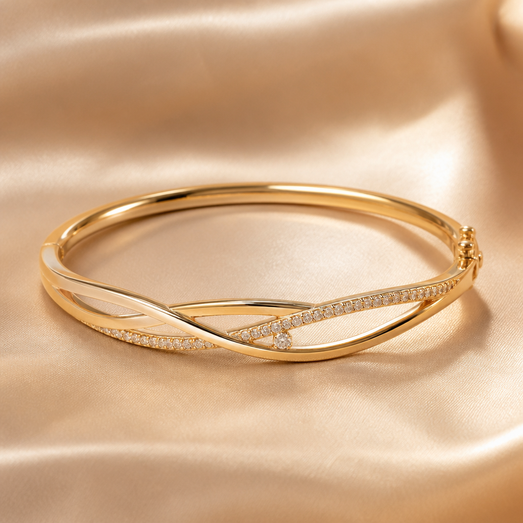 A modern women's bracelet made of gold with diamond stones suitable for gift
photorealistic jewelry design, A modern women's bracelet made of gold with diamond stones suitable for gift, modern style, just the design no text