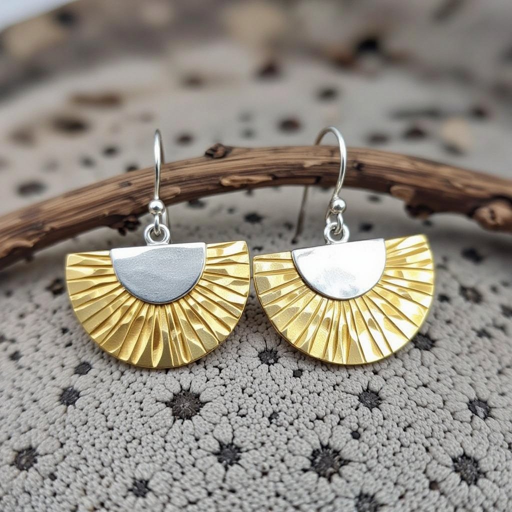 Золотые серьги полукруг половинка горящего солнца мятое неровное золото лучи волнистые другая половинка круга серебряная