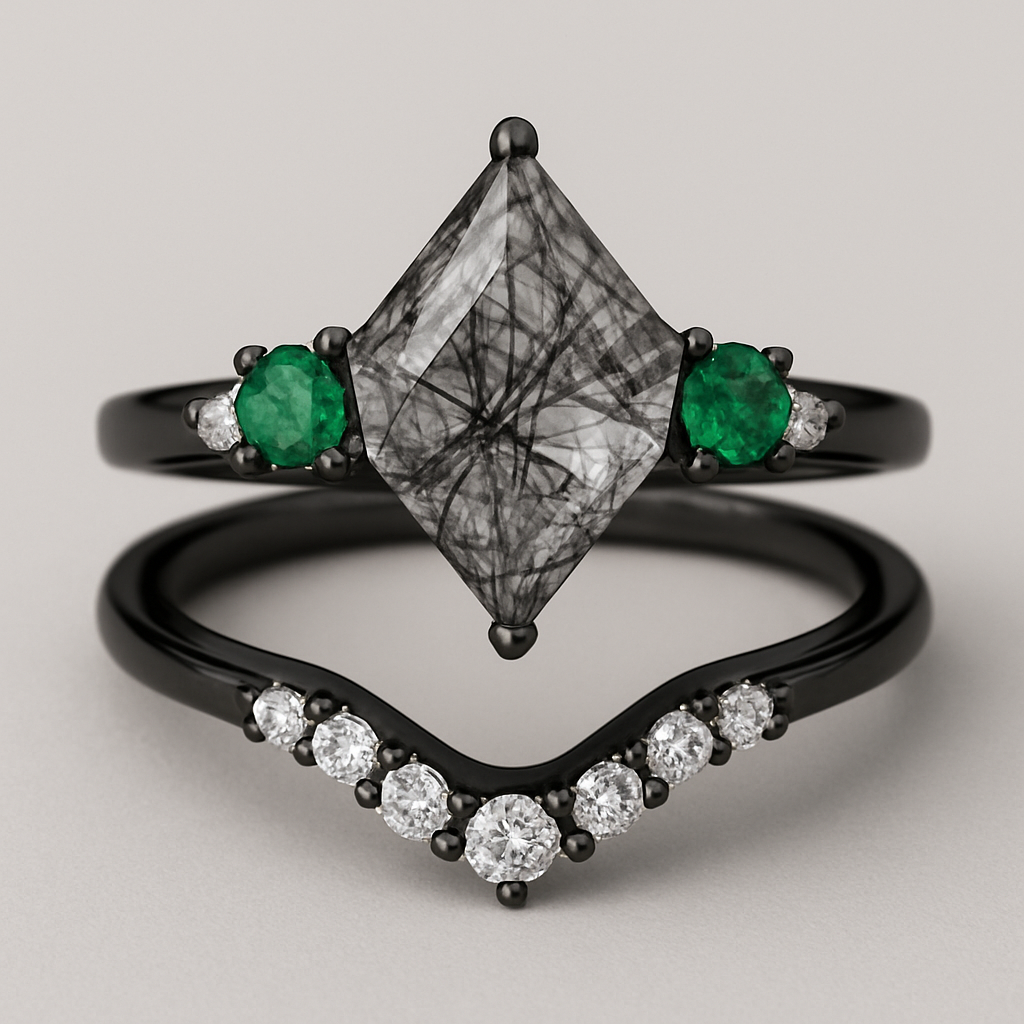 Kite cut Black rutilated quartz with 1 emerald on each side and 3 moissanite on each side accent stones in a cluster on a black band, separate wedding band black with moissanite stones that curves around the main stone 