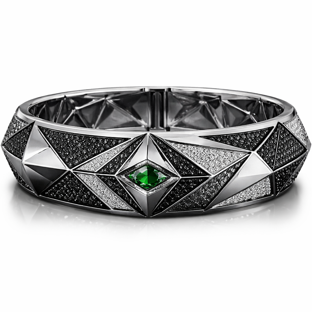 Geomatric pyramid sharp angles edgy angles bangle for men of rectangular and sqaure shape of white and blcak diamonds of unique design and special shape and green eye