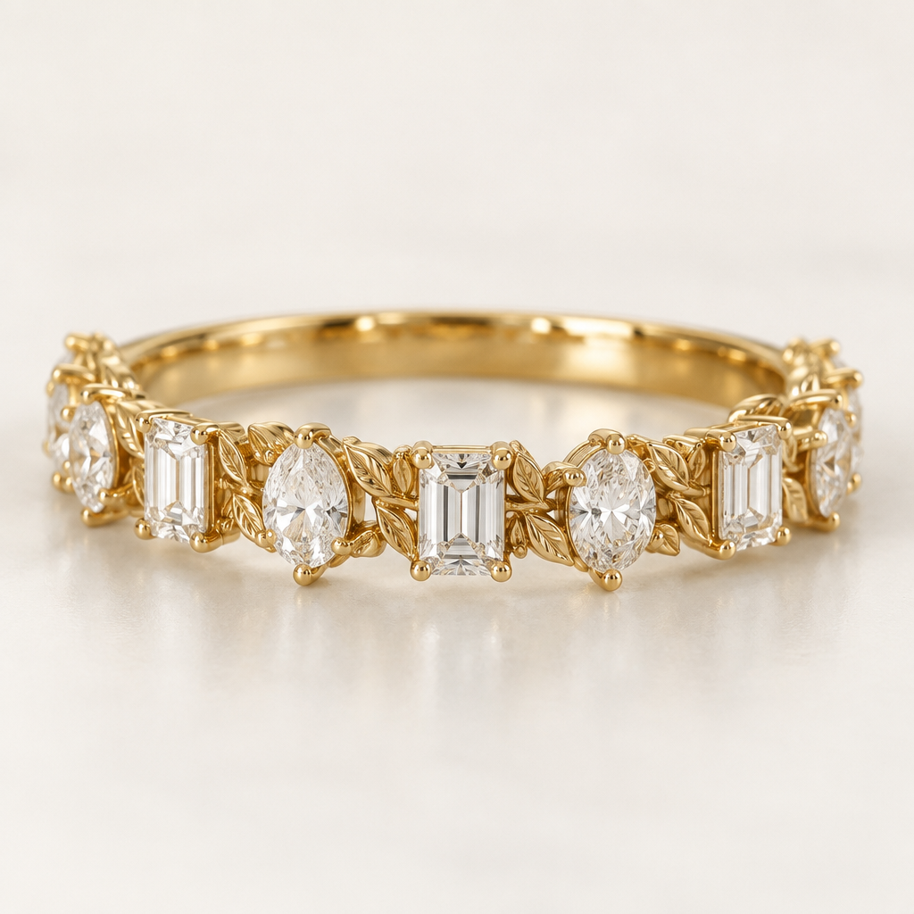 Yellow gold diamond band with .10 ovals, .15 pears, .10 emerald cuts, single row
photorealistic jewelry design, Yellow gold diamond band with .10 ovals, .15 pears, .10 emerald cuts, single row, nature_inspired style, just the design no text