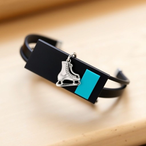 Bracelet black leather with silver ice skate and turquoise stripe inside the low thin part blade