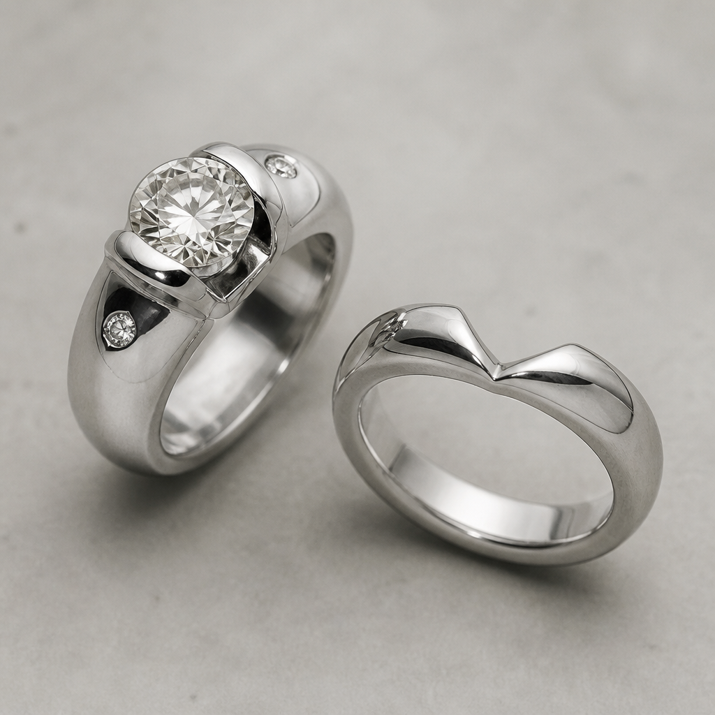Ring with a Mid sized diamond ring, it has a thick band with rounded edges. Two small diamonds somewhere. Edgy. Alternative. Matching wedding band
photorealistic jewelry design, Ring with a Mid sized diamond ring, it has a thick band with rounded edges. Two small diamonds somewhere. Edgy. Alternative. Matching wedding band, platinum style, just the design no text