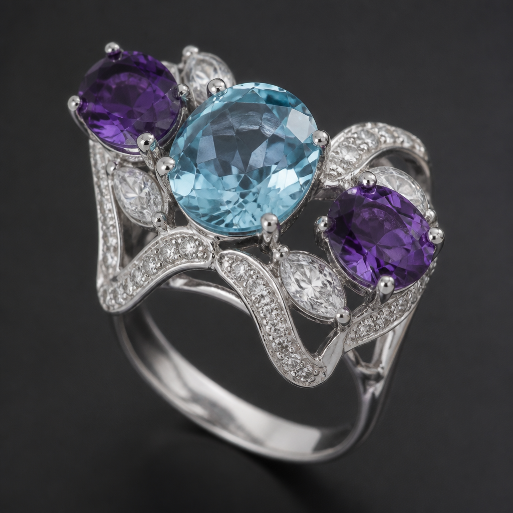 A statement women's ring made of white gold with aquamarine and amethyst and diamond stones suitable for formal
photorealistic jewelry design, A statement women's ring made of white gold with aquamarine and amethyst and diamond stones suitable for formal, statement style, just the design no text