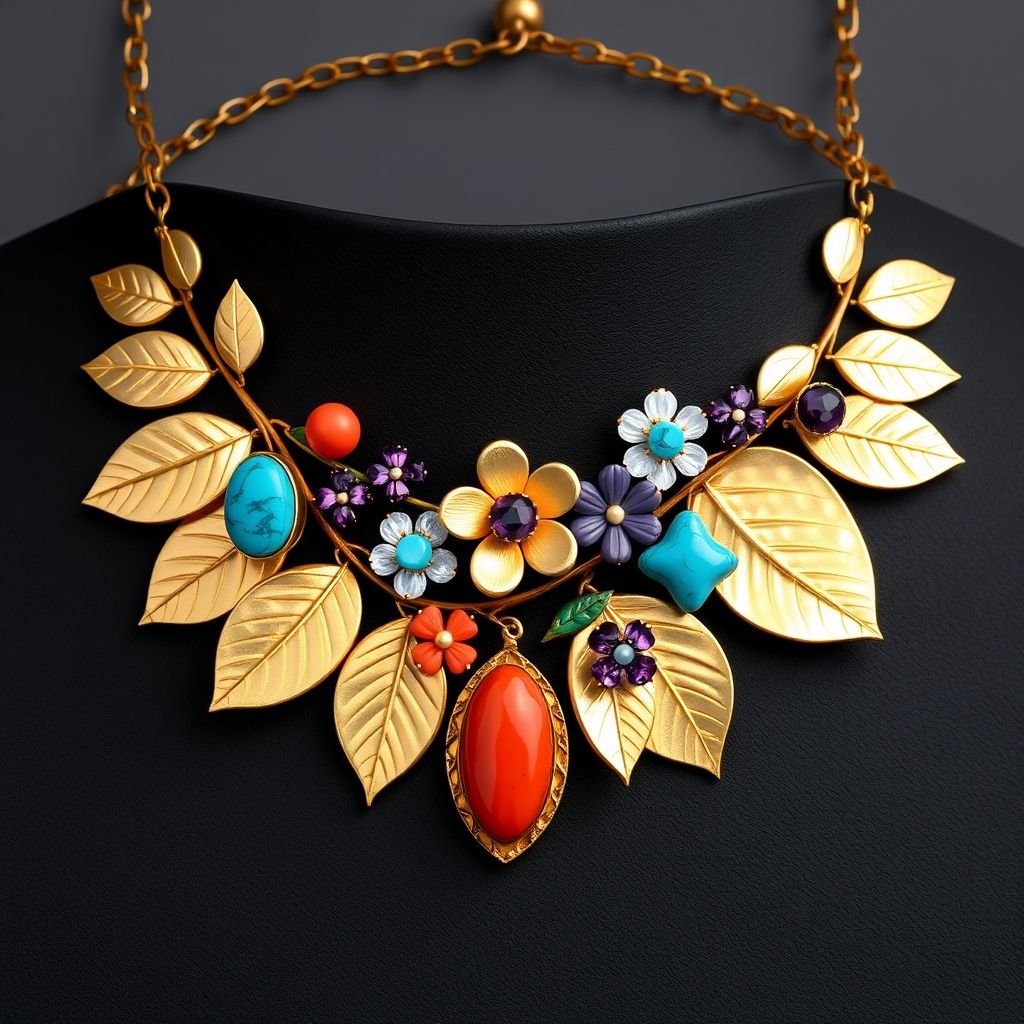A bold, oversized choker that combines modern geometric shapes with organic, flowing forms. The base can be made of matte black metal for a sleek, contemporary look, with accents of polished silver or gold to add contrast. The centerpiece features an asymmetrical arrangement of vibrant, semi-precious gemstones—like turquoise, amethyst, or coral—set in irregular, handcrafted bezels for an organic feel. **Key Elements:** - **Shape:** Mix of sharp, angular lines with smooth, curved elements to create visual interest and balance. - **Materials:** Matte black or gunmetal base with shiny metallic accents; colorful gemstones or enamel inlays for pops of color. - **Texture:** Incorporate hammered or brushed finishes to add depth and tactile appeal. - **Size:** Oversized and layered, making it the focal point of any outfit, perfect for modern, edgy styling. **Inspiration Mood:** Think of a fusion between minimalist architecture and natural landscapes—craggy mountains, flowing rivers, and vibrant sunsets—capturing both strength and beauty. Imagine pairing this with sleek, monochrome outfits to let the jewelry stand out or with bohemian styles for a more eclectic, artistic vibe.