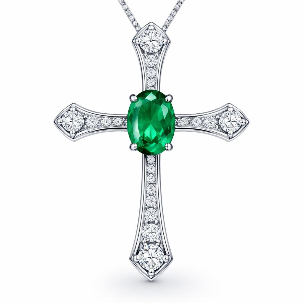 Oval cut emerald, white gold cross, with simple accent diamonds