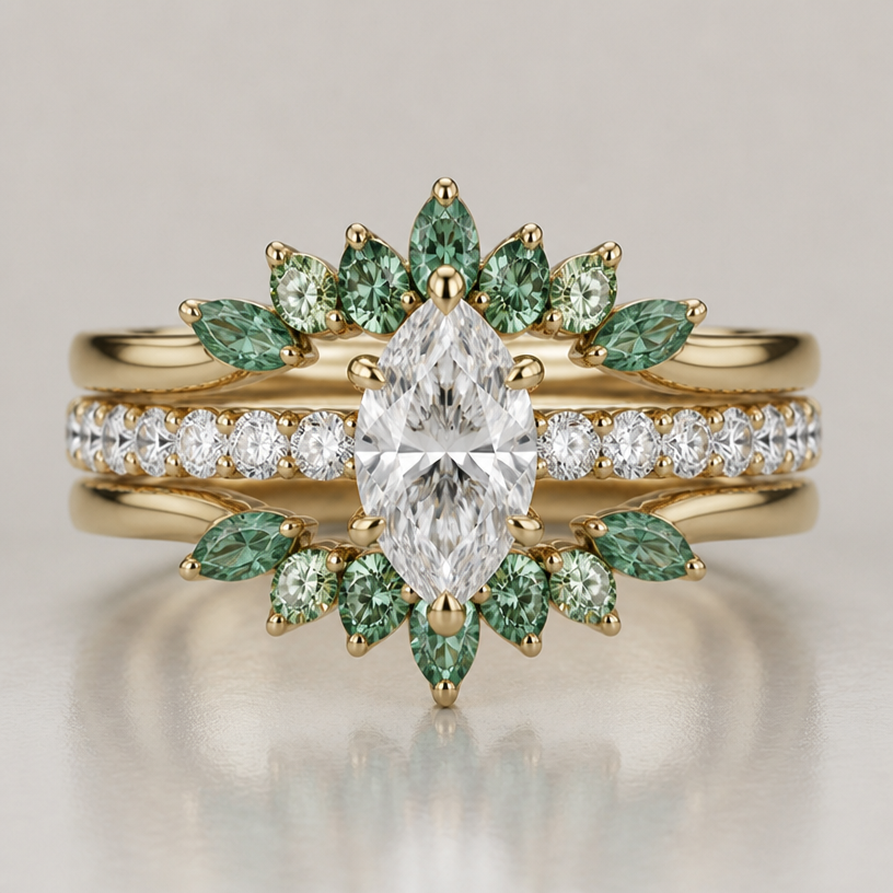 I want the emerald green diamonds around the middle band to be more of a leaf shape like they are leaves off of a flower that’s surrounding the middle diamond.
edit the attached jewelry design with these instructions: I want the emerald green diamonds around the middle band to be more of a leaf shape like they are leaves off of a flower that’s surrounding the middle diamond.. keep it photorealistic, just the design no text