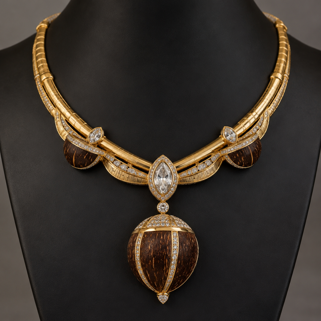 A african women's necklace made of gold with diamond stones. Collier en or avec coque de coco surmonté de diamant et coque de coco en pendant if.
photorealistic jewelry design, A african women's necklace made of gold with diamond stones. Collier en or avec coque de coco surmonté de diamant et coque de coco en pendant if., african style, just the design no text