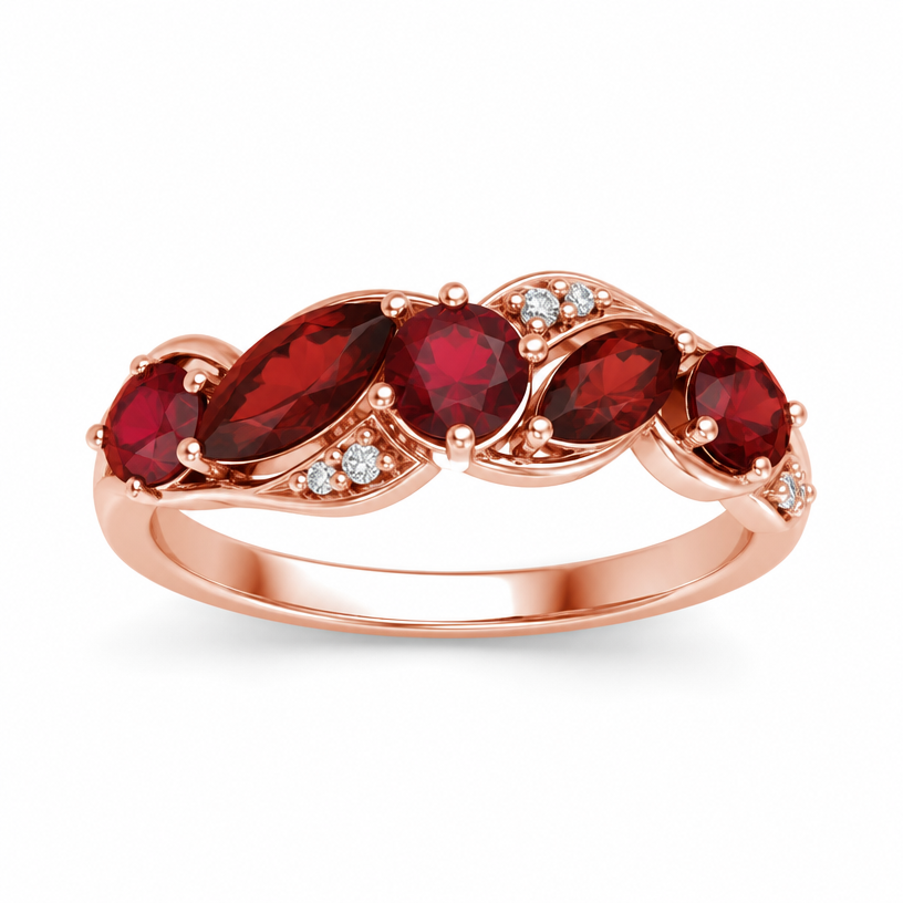 A women's ring made of rose gold with garnet stones
using the attached image as a visual reference, create A women's ring made of rose gold with garnet stones. photorealistic, just the design no text