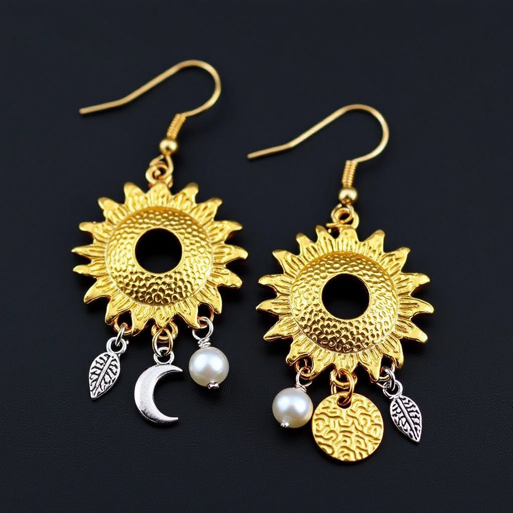 Золотые серьги словно мятое золото в форме горящего солнца с волнистыми лучами, в центре солнца круглая дыра. крепится к застежке серьги. К нижней части солнца крепятся подвески: миниатюрная серебристая луна, очень маленький жемчуг и маленький золотой кружочек с мятым эффектом плоский