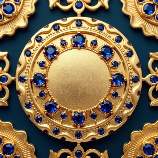 Золотой матовый медальон в форме неровного круга с неровными краями. По краям выпуклые точки сплошной линией. На круге разные волнистые узоры словно волны. Три миниатюрных голубых камушка хаотично расположены в круге