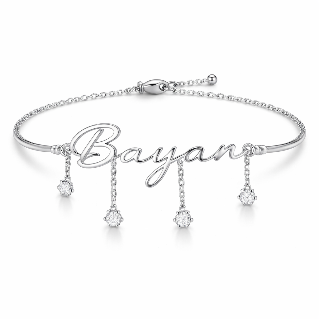 A women's bracelet. A silver-colored bracelet with writing on it. "Bayan" Between each letter there is a short, dangling chain with a diamond at its end, like B Then a dangling chain ،a Then, for a hanging chain like this, I want the design to be very smooth and the letters very smooth.
A women's bracelet. A silver-colored bracelet with writing on it. "Bayan" Between each letter there is a short, dangling chain with a diamond at its end, like B Then a dangling chain ،a Then, for a hanging chain like this, I want the design to be very smooth and the letters very smooth., modern style