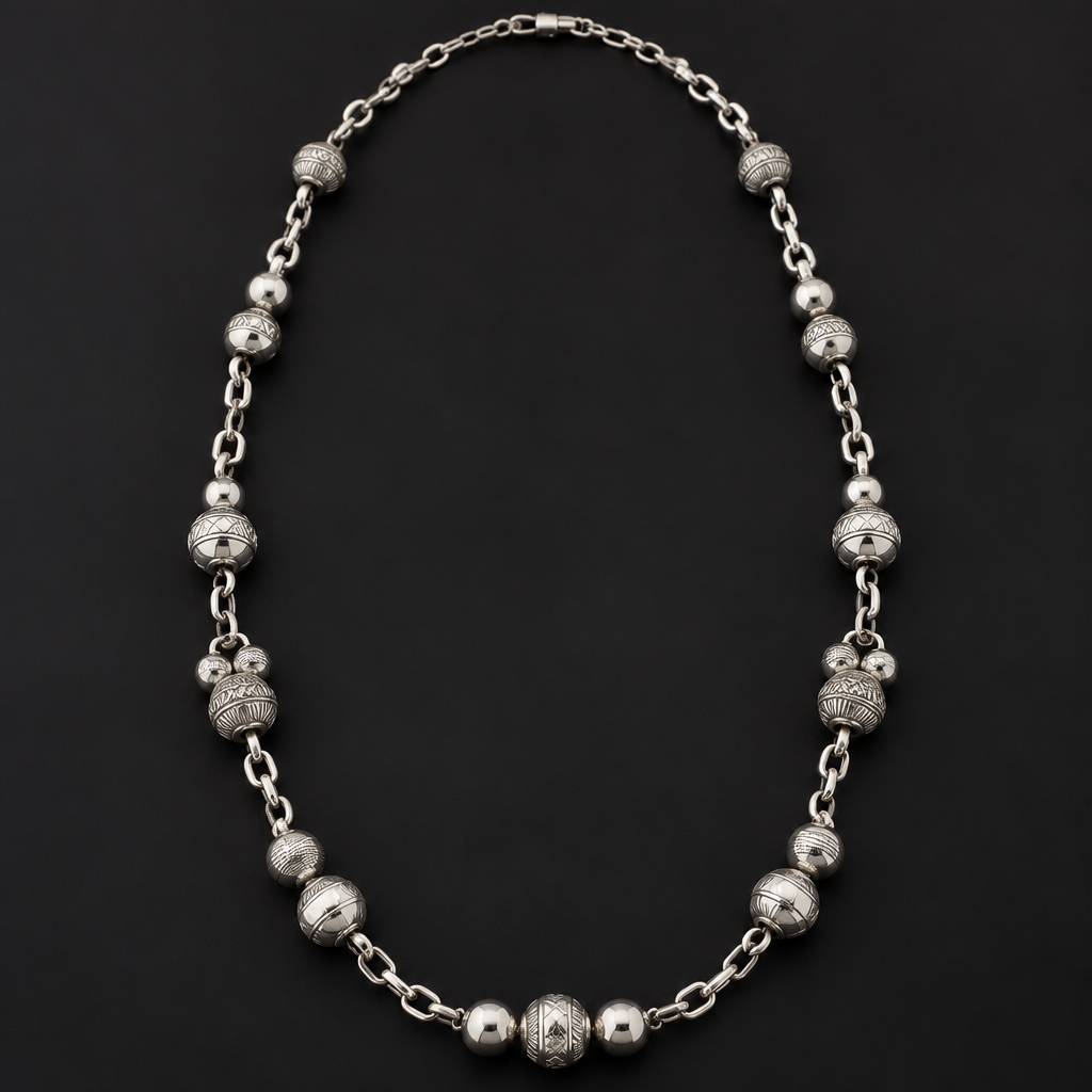 A african women's necklace made of silver. A rosary-style chain—but without the pendant/dangling end—measuring 60 cm in length and 1.5–2 cm in thickness; it should consist mostly of chain links interspersed with beads, featuring a mix of single beads and pairs of beads.
photorealistic jewelry design, A african women's necklace made of silver. A rosary-style chain—but without the pendant/dangling end—measuring 60 cm in length and 1.5–2 cm in thickness; it should consist mostly of chain links interspersed with beads, featuring a mix of single beads and pairs of beads., african style, just the design no text