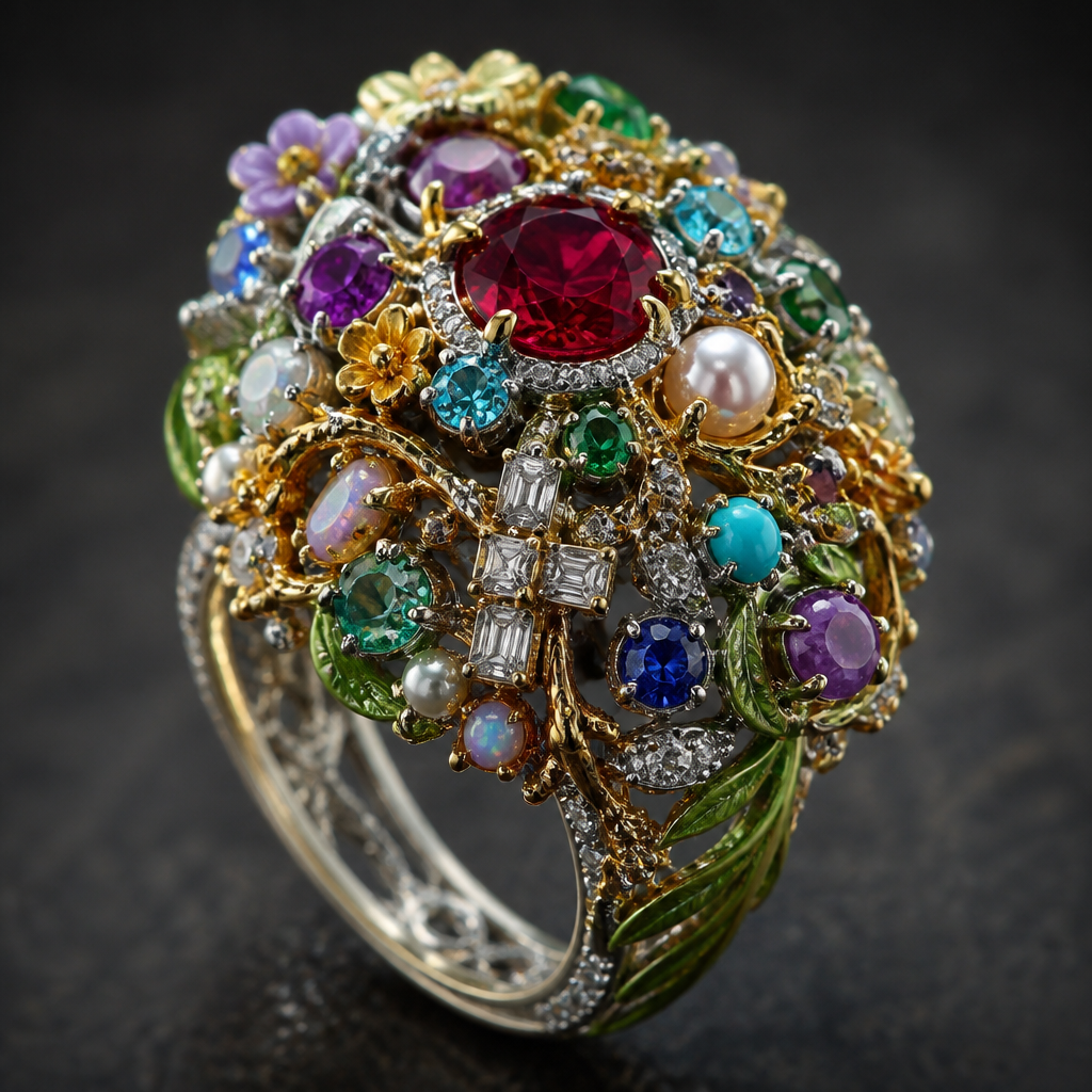 A nature-inspired women's ring with ruby and diamond and pearl and sapphire and emerald and amethyst and opal and topaz and turquoise and garnet and aquamarine stones suitable for engagement, highly ornate, intricate and elaborate, richly detailed. a cross shaped gemstone somewhere hid
photorealistic jewelry design, A nature-inspired women's ring with ruby and diamond and pearl and sapphire and emerald and amethyst and opal and topaz and turquoise and garnet and aquamarine stones suitable for engagement, highly ornate, intricate and elaborate, richly detailed. a cross shaped gemstone somewhere hid, nature_inspired style, just the design no text