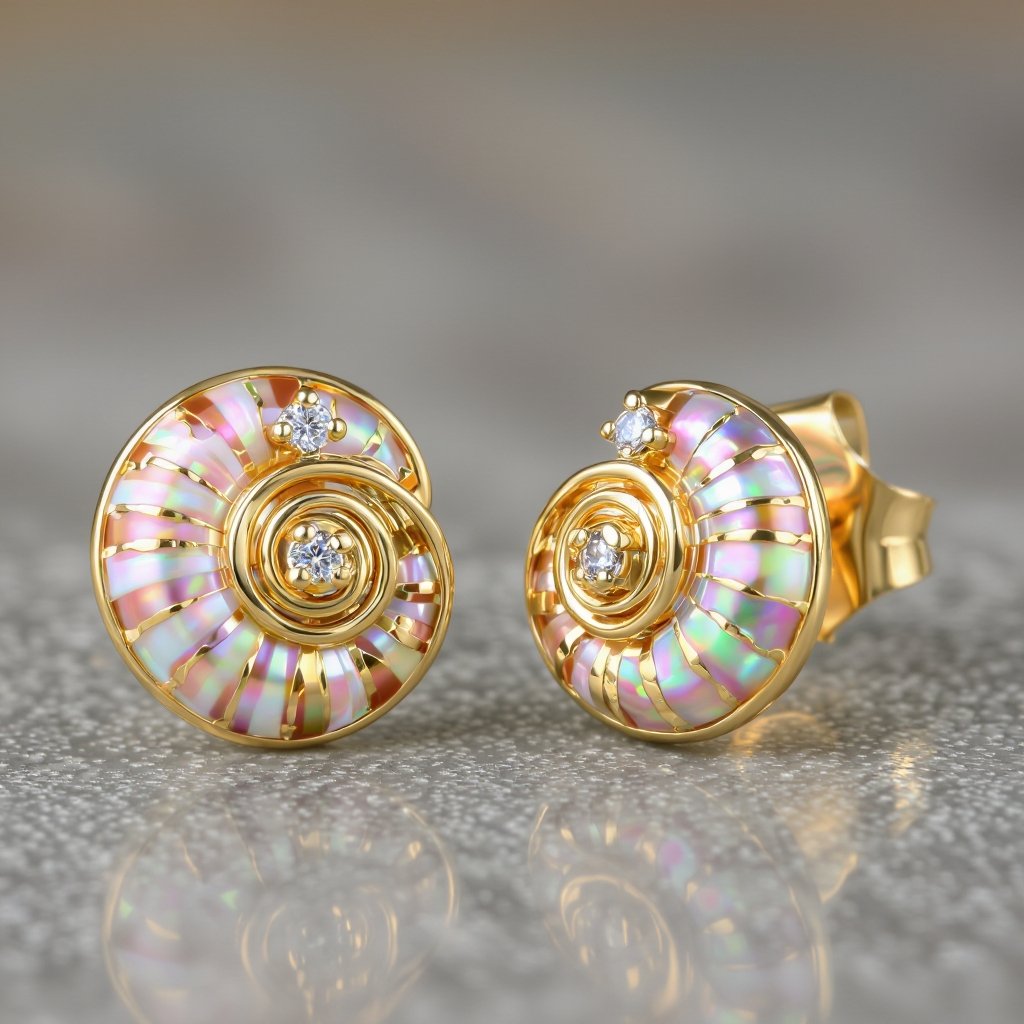 Золотые серьги в виде спиральной ракушки украшенной тремя маленькими камнями 