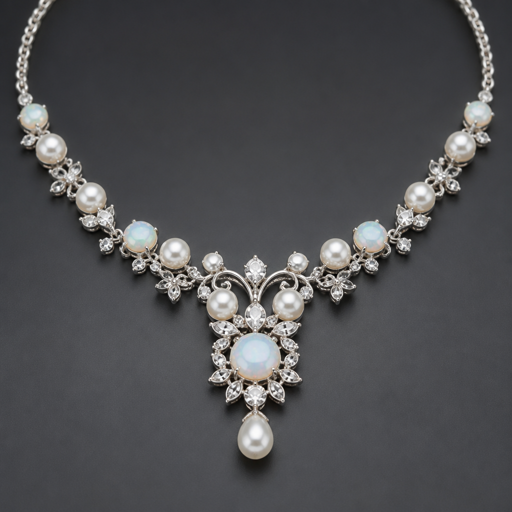 A pearl-adorned women's necklace made of silver with opal stones suitable for party
photorealistic jewelry design, A pearl-adorned women's necklace made of silver with opal stones suitable for party, pearl_adorned style, just the design no text