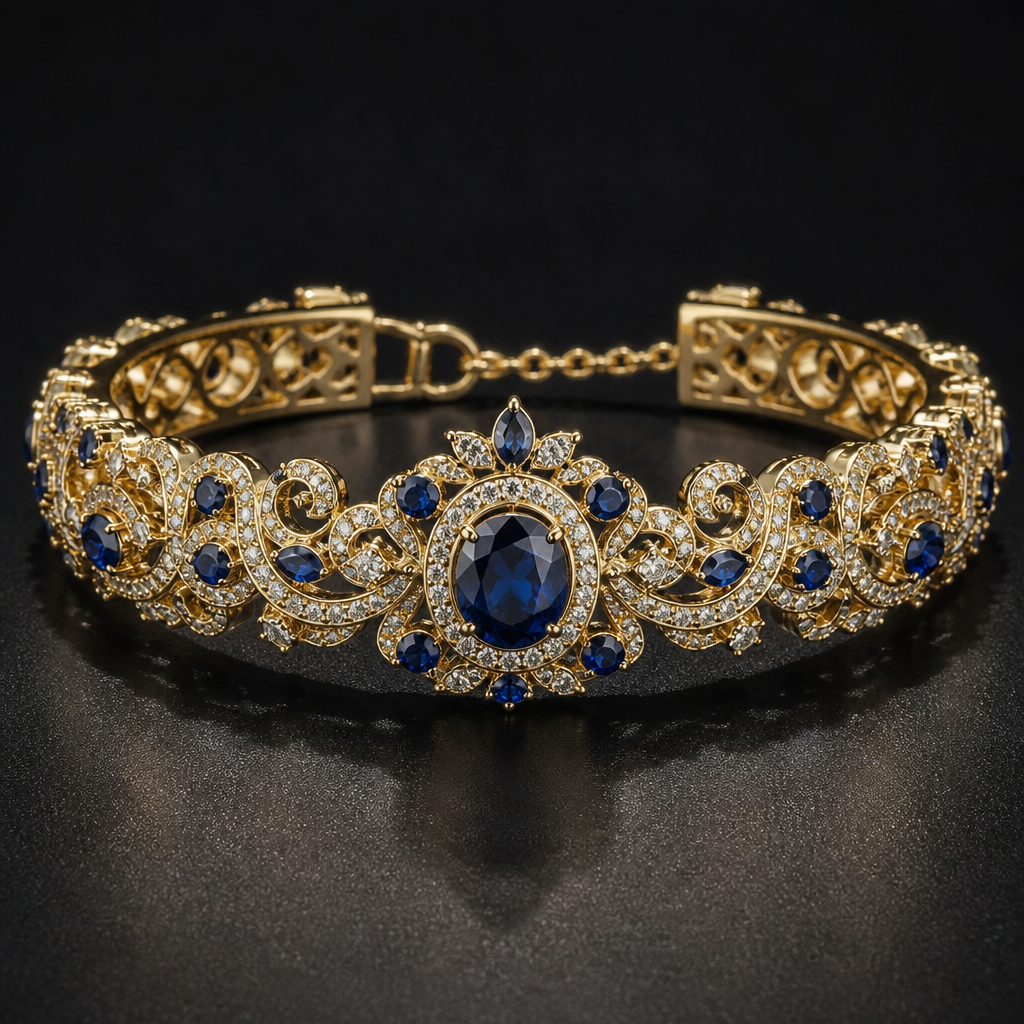A royal women's bracelet made of gold with sapphire and diamond stones suitable for formal, highly ornate, intricate and elaborate, richly detailed. delicado y sencillo
photorealistic jewelry design, A royal women's bracelet made of gold with sapphire and diamond stones suitable for formal, highly ornate, intricate and elaborate, richly detailed. delicado y sencillo, royal style, just the design no text