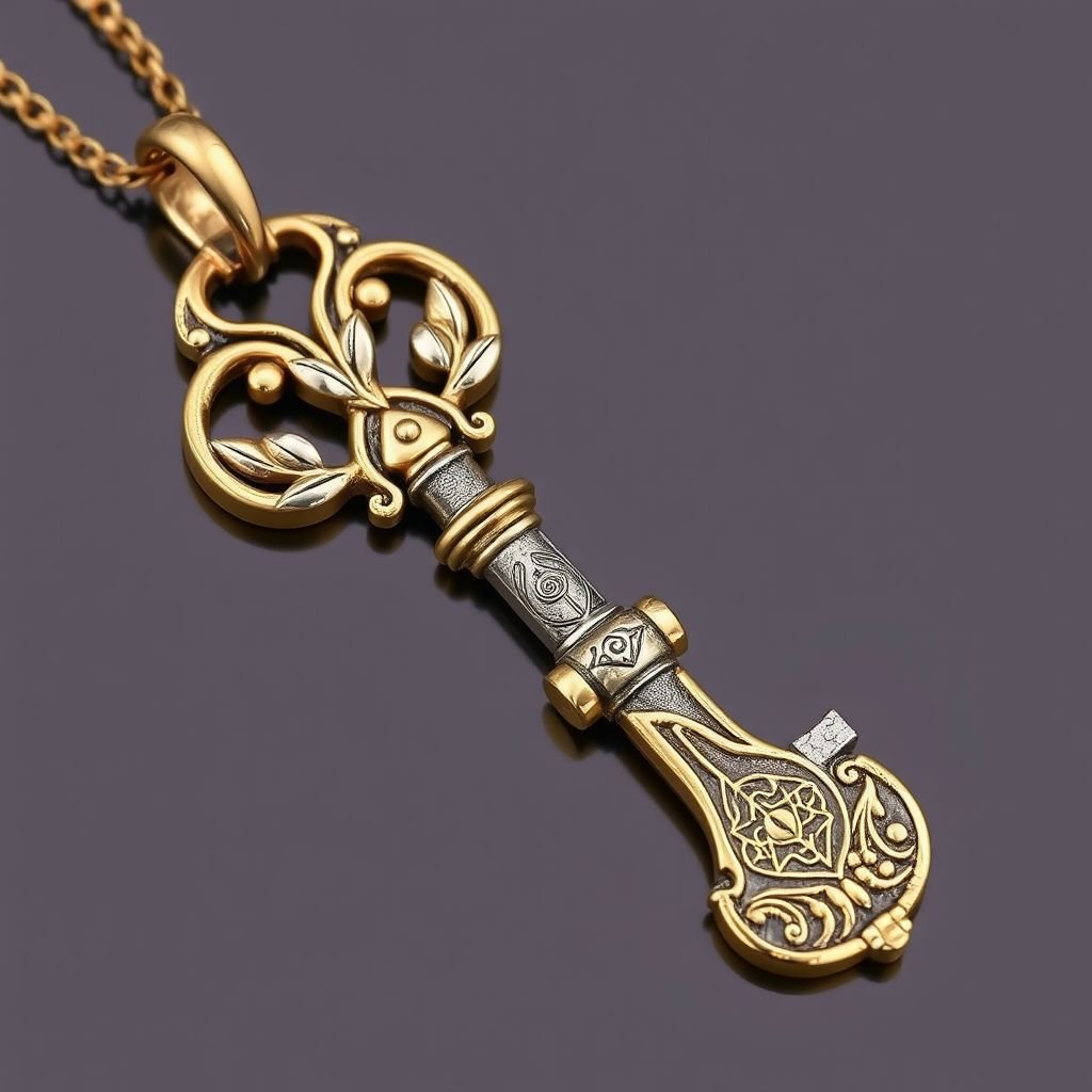 Old skeleton key shape gold and silver tones with olive branch turning on leg and keffieh print on the tip