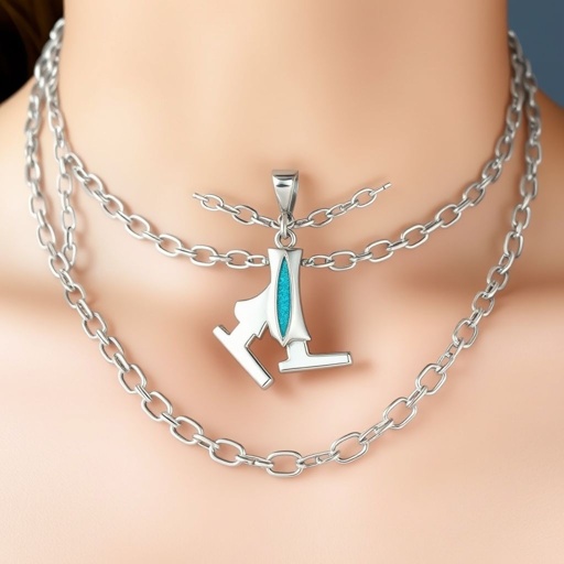 Silver pendant in the shape of ice skating blades with a turquoise stripe within the blade