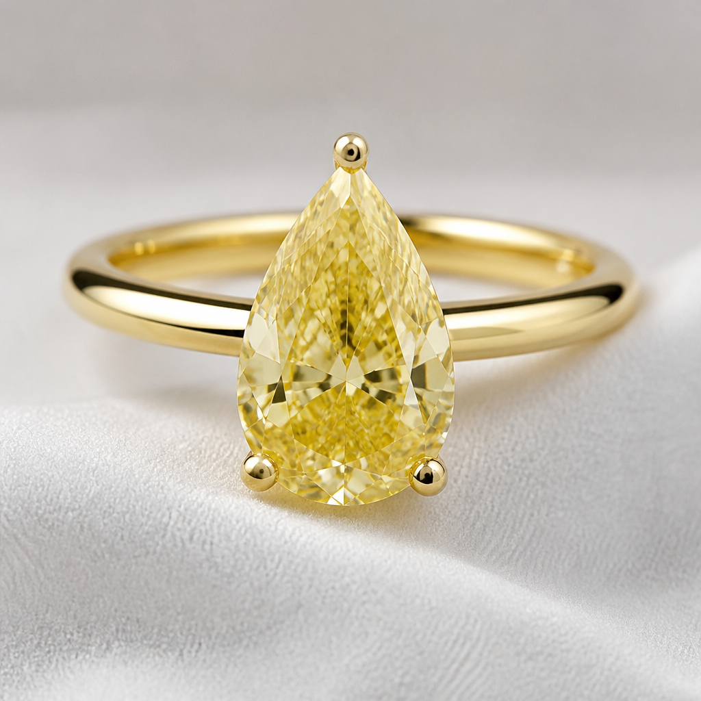 Design a photo realistic solitaire ring featuring a classic design and a 3 carat yellow diamond center stone pear cut within a gold button-back setting
Classic jewelry: Photorealistic solitaire ring, classic design. 3 carat pear cut yellow diamond. Gold button-back setting.