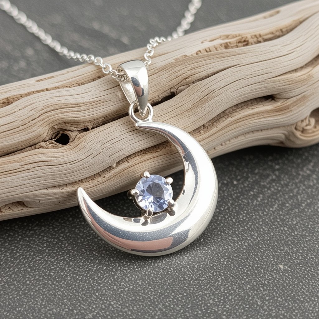 Луна полумесяцем и маленький в виде кристала лунный камень подвеска