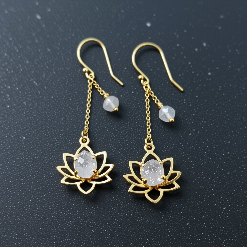 Серьги золото изящный маленький плоский лотос с необработанным маленьким хрусталем в центре, от лотоса идет золотая цепочка вниз с еще одним маленьким камушком хрусталя