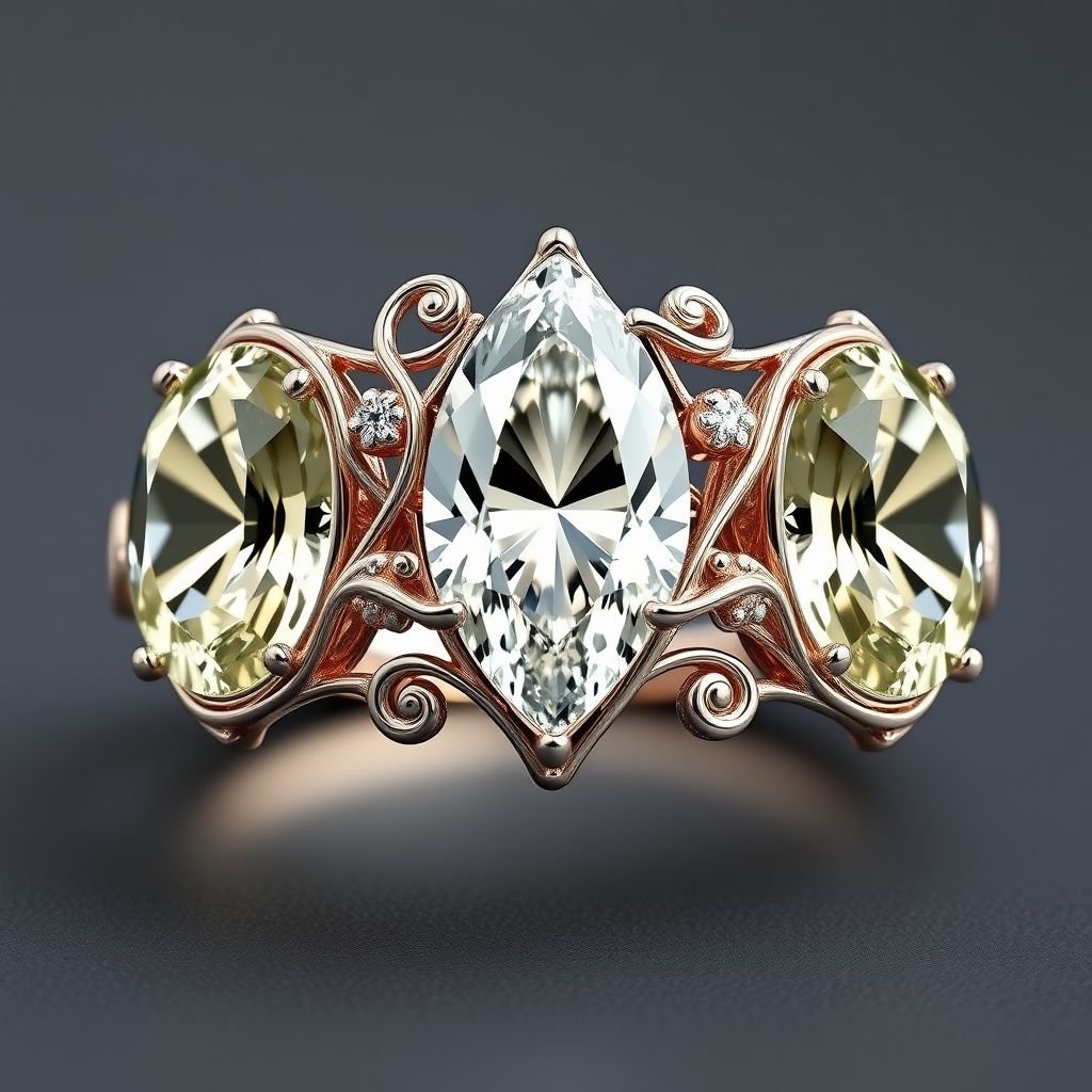 3 stone ring , 2 oval 4ct. Stone, 1 pear shape 3ct. diamond 