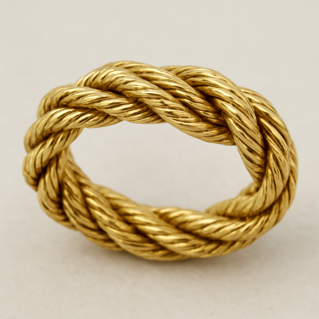 Yellow gold ring made to look like a piece of twine wrapped like a ring 