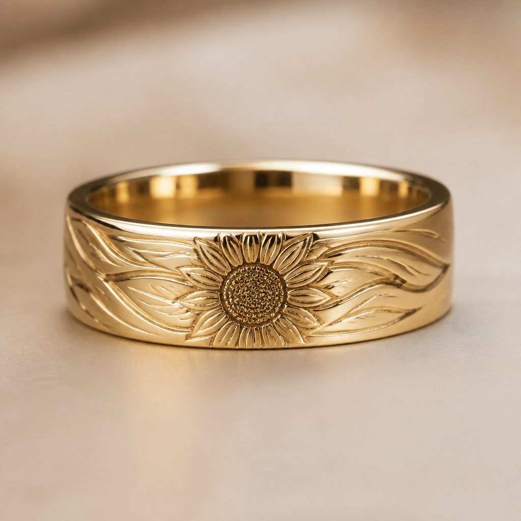 Medium thick gold band engraved with sunflower and abstract lines
photorealistic jewelry design, Medium thick gold band engraved with sunflower and abstract lines , modern style, just the design no text